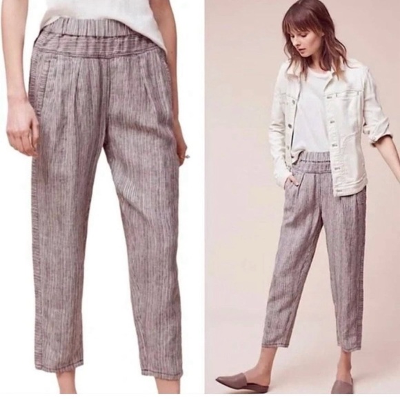 ANTHROPOLOGIE HEI HEI FRANCOISE STRIPED LINEN CROP PANTS BROWN WHITE small - Picture 1 of 11